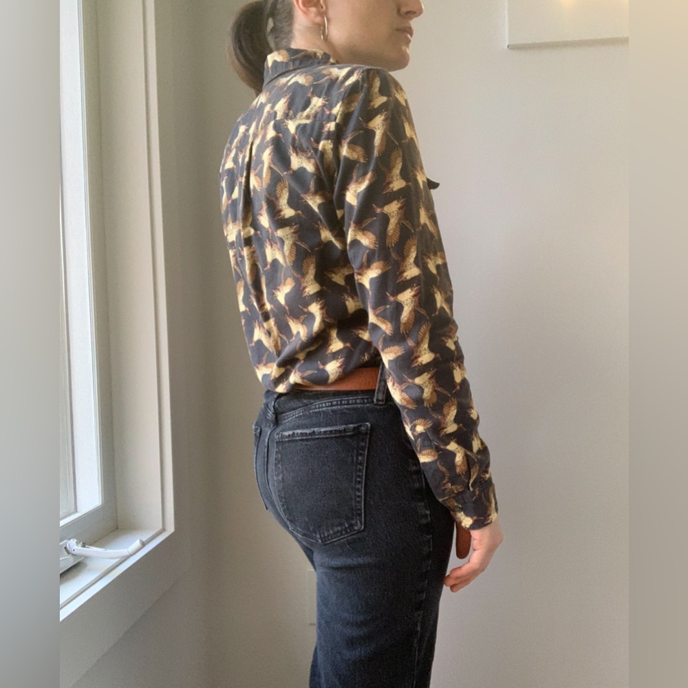 L.L. Bean Black Button-Down Shirt with Gold Bird Print - Picture 11 of 12